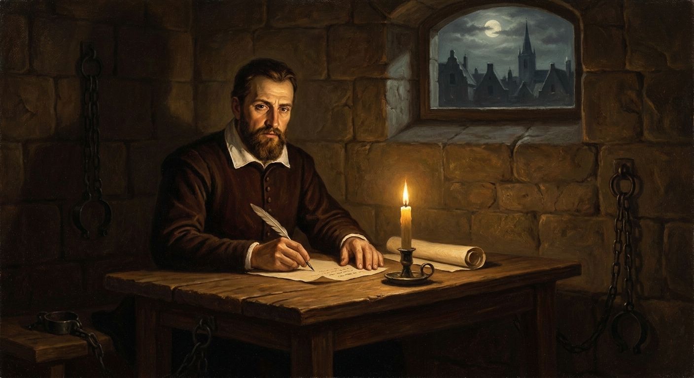 A bearded man writes by candlelight in a stone room with shackles, overlooking a moonlit city.