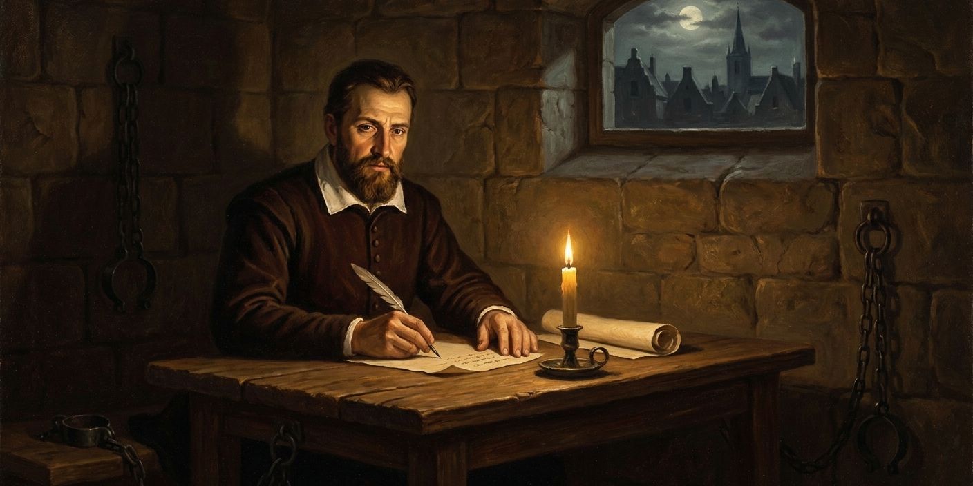 A bearded man writes by candlelight in a stone room with shackles, overlooking a moonlit city.