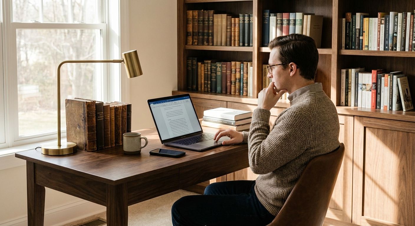 A student sitting at a table doing a Bible study with a city landscape outside the window