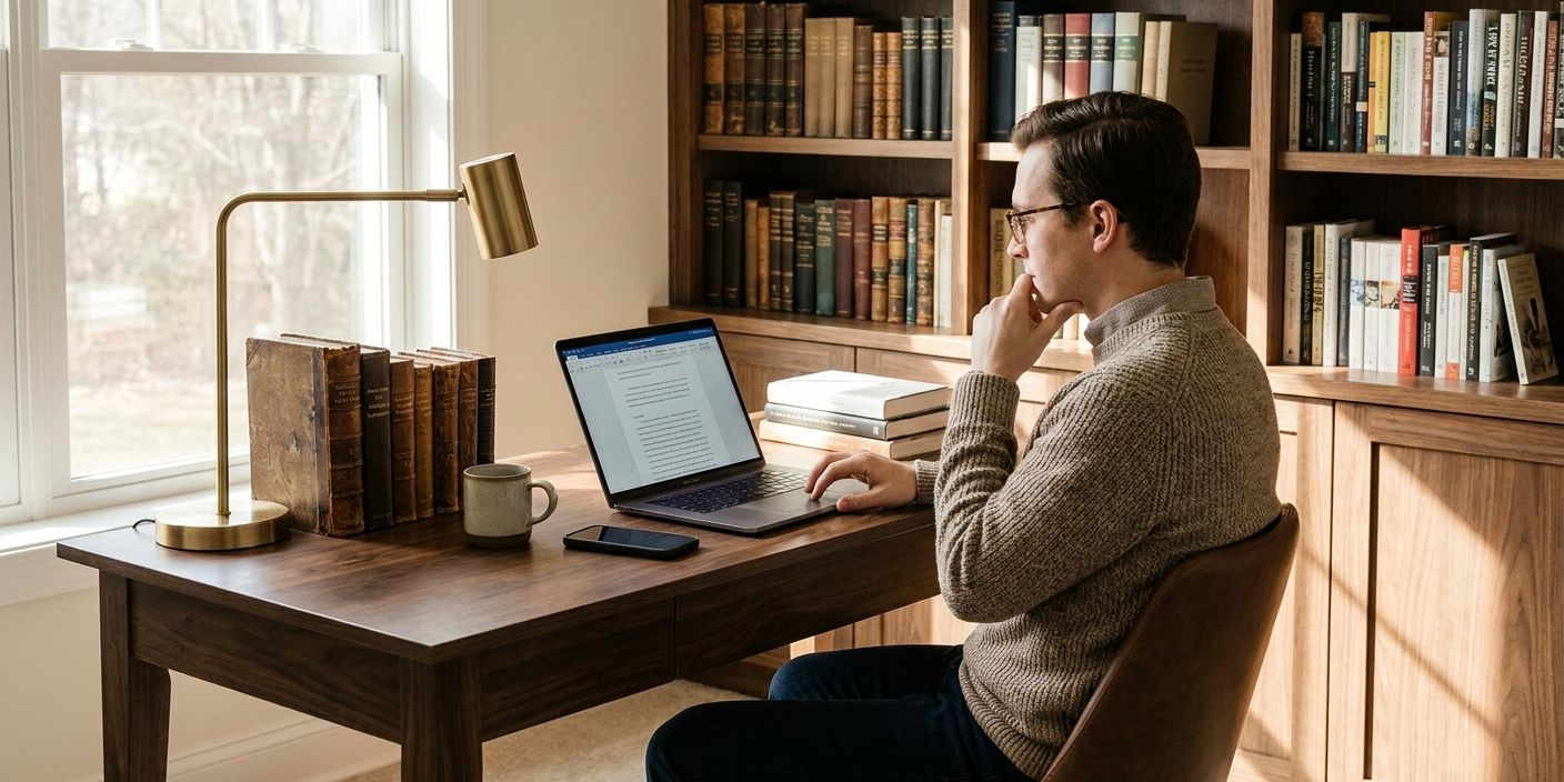 A student sitting at a table doing a Bible study with a city landscape outside the window