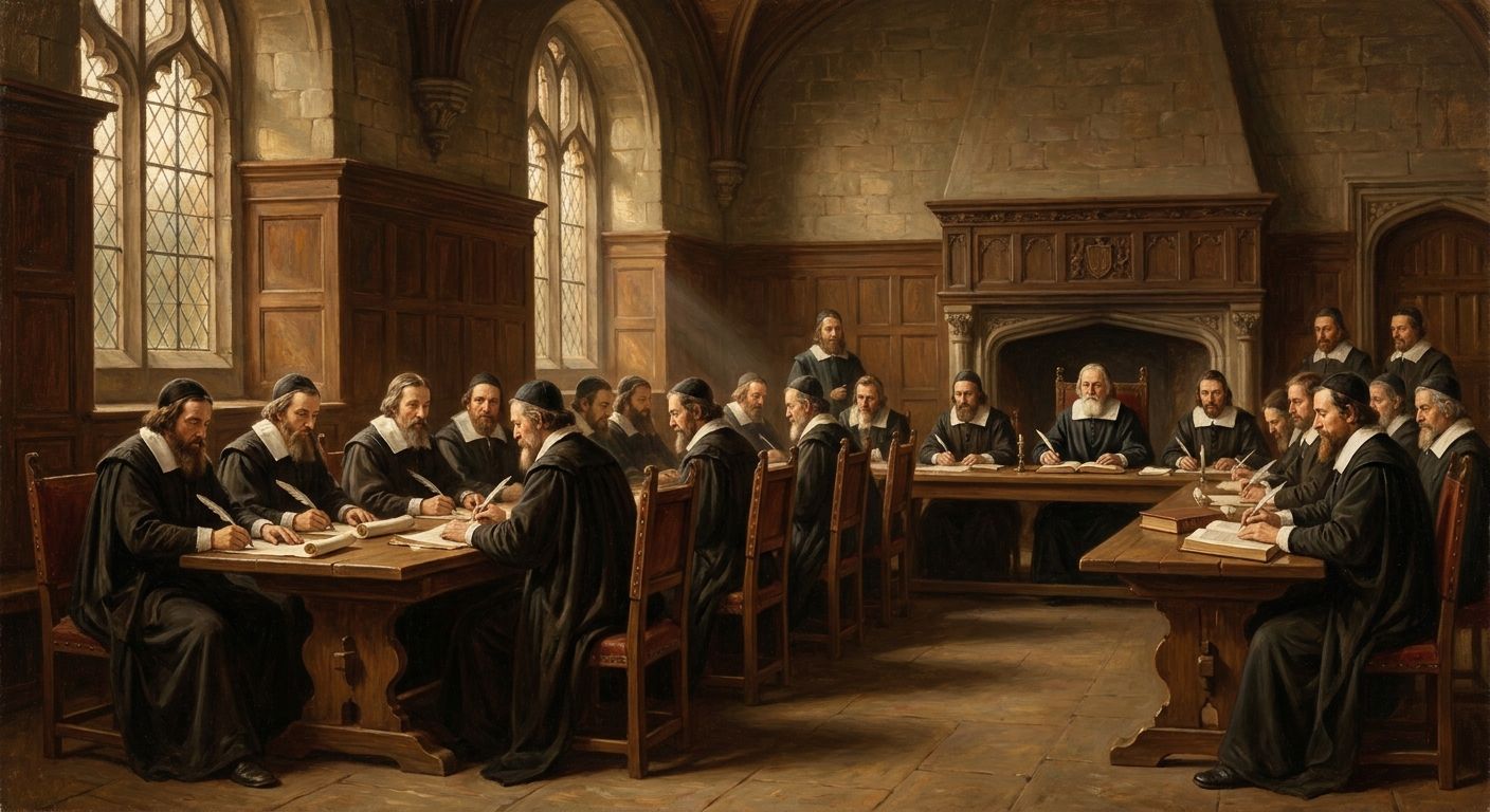Numerous scholars in dark robes study and write by candlelight in a grand vaulted hall.