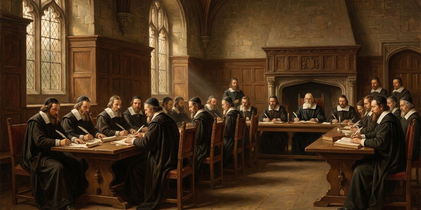 Numerous scholars in dark robes study and write by candlelight in a grand vaulted hall.
