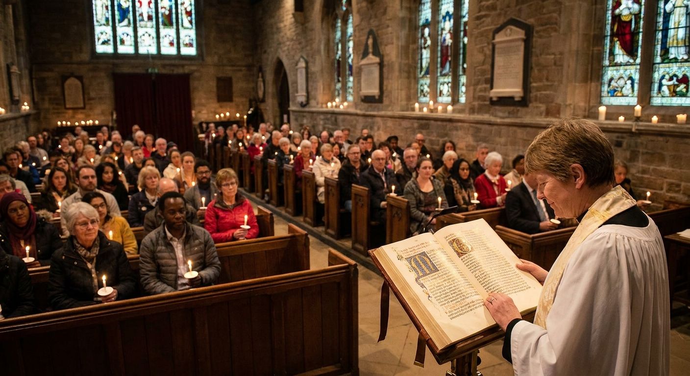 A congregation gathered in a church with a pastor holding an open confessional document, representing how confessions of faith shape church membership and community identity