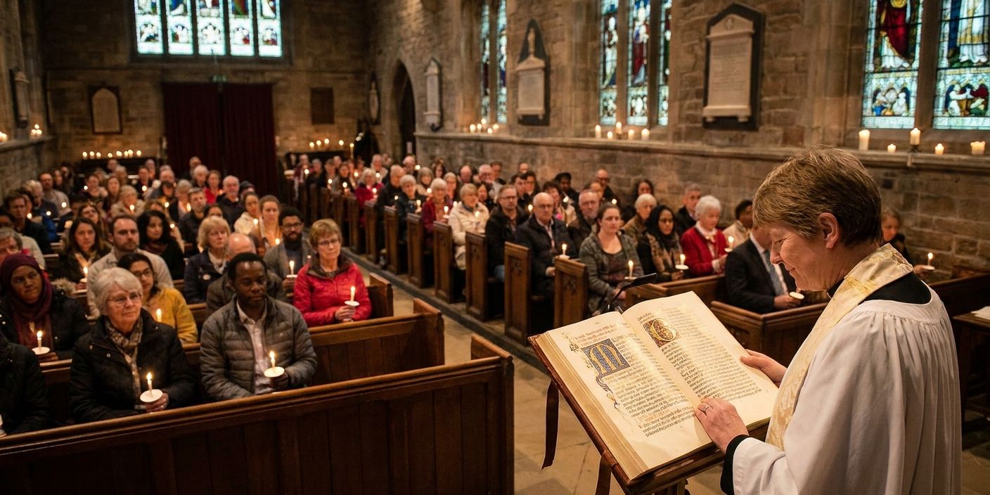 A congregation gathered in a church with a pastor holding an open confessional document, representing how confessions of faith shape church membership and community identity