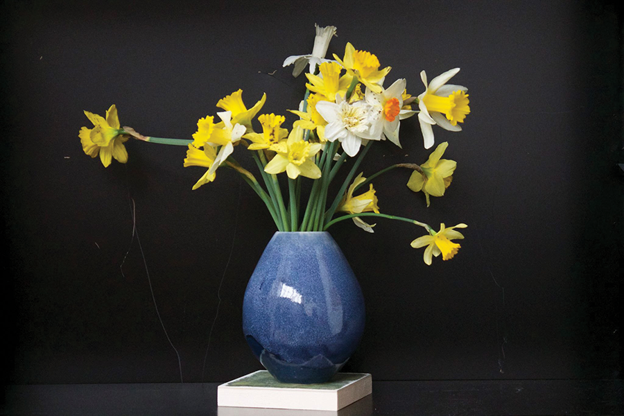 Archival image of a collection of found objects on top of a painting specifically consisting of one blue vase and nineteen dirt encrusted flowers felled by a late and unexpected April snow.