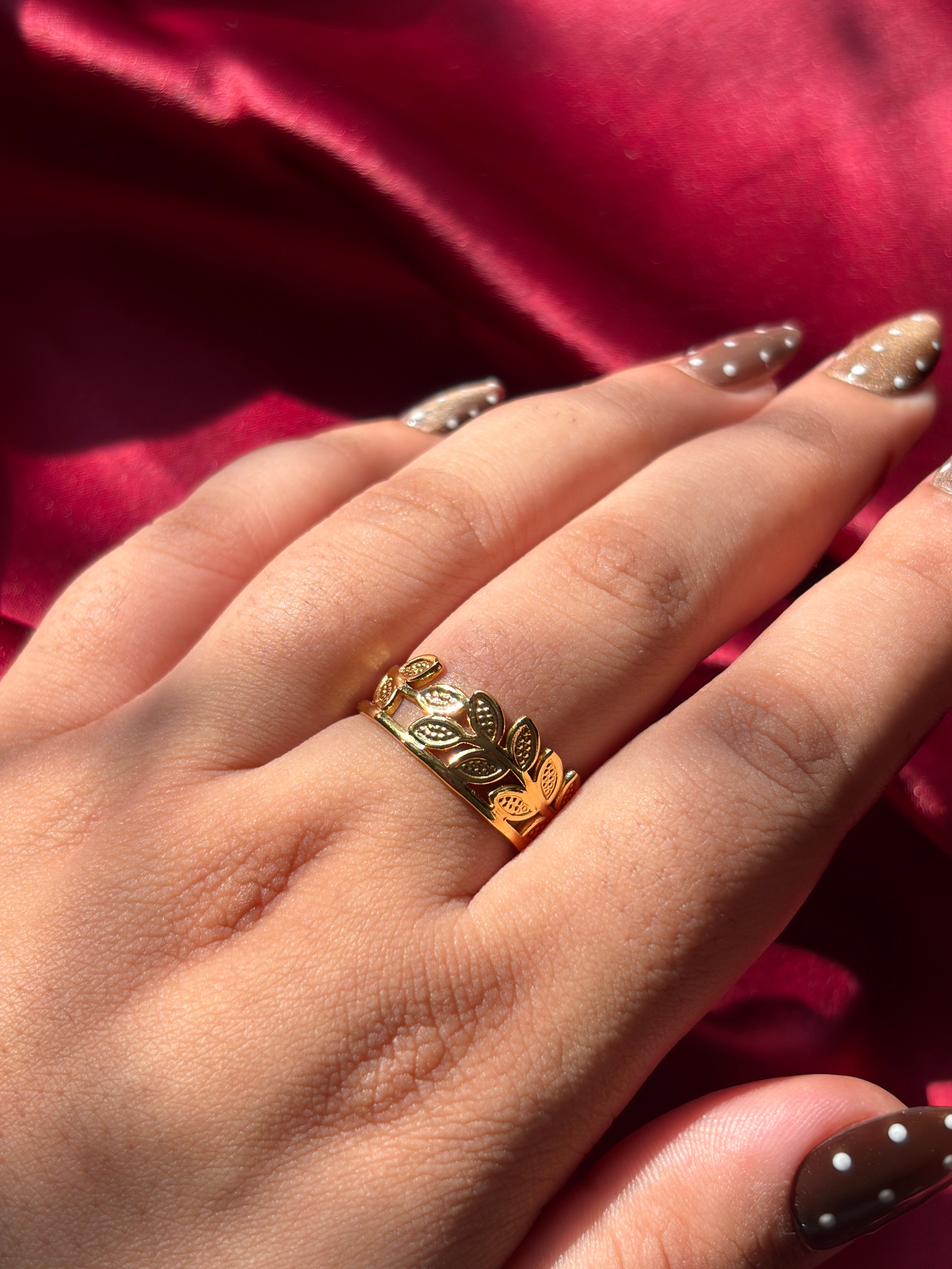 Gold Leaf Vine Ring worn on hand — view 2