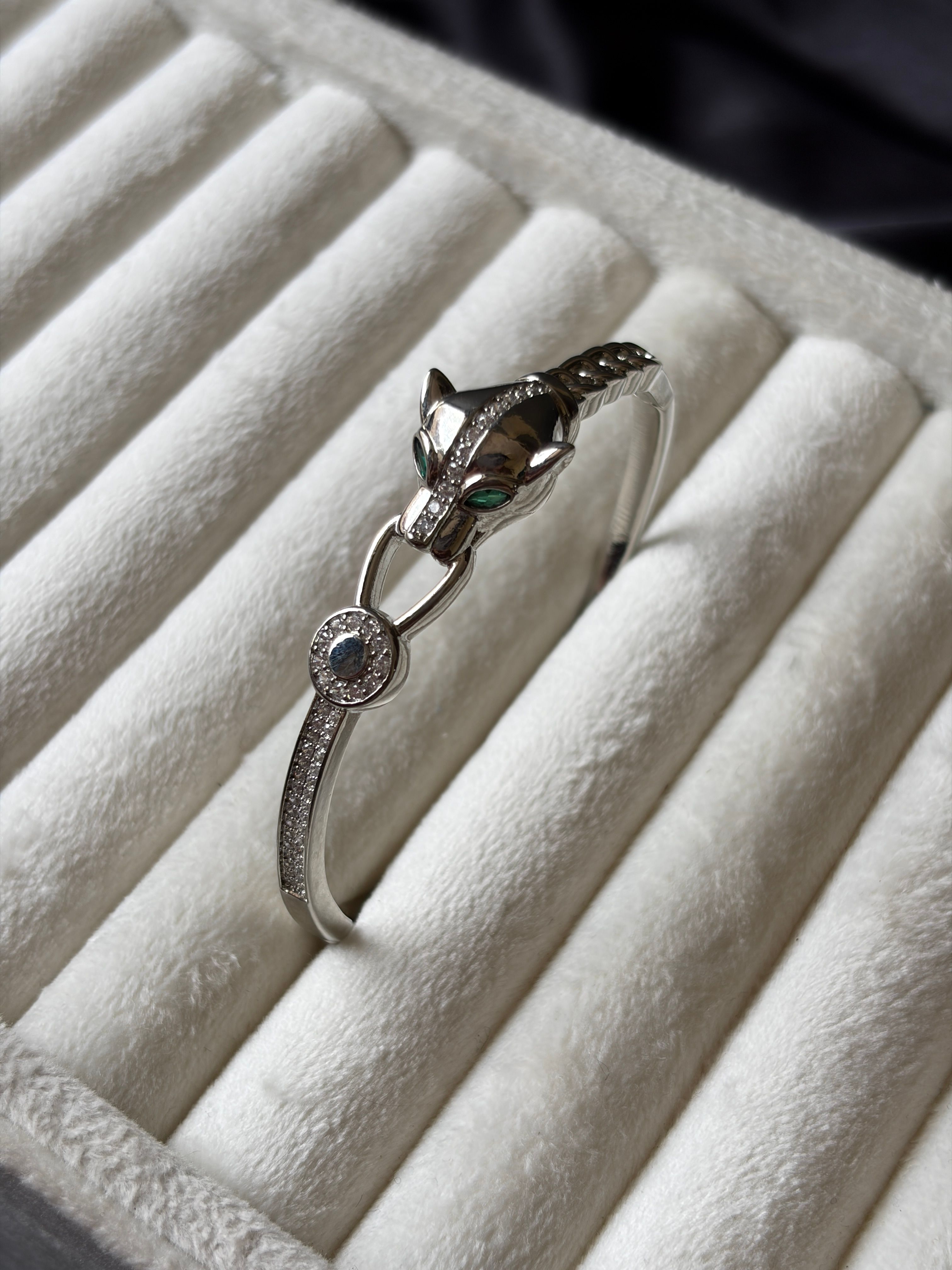 Silver Crystal Panther Bangle