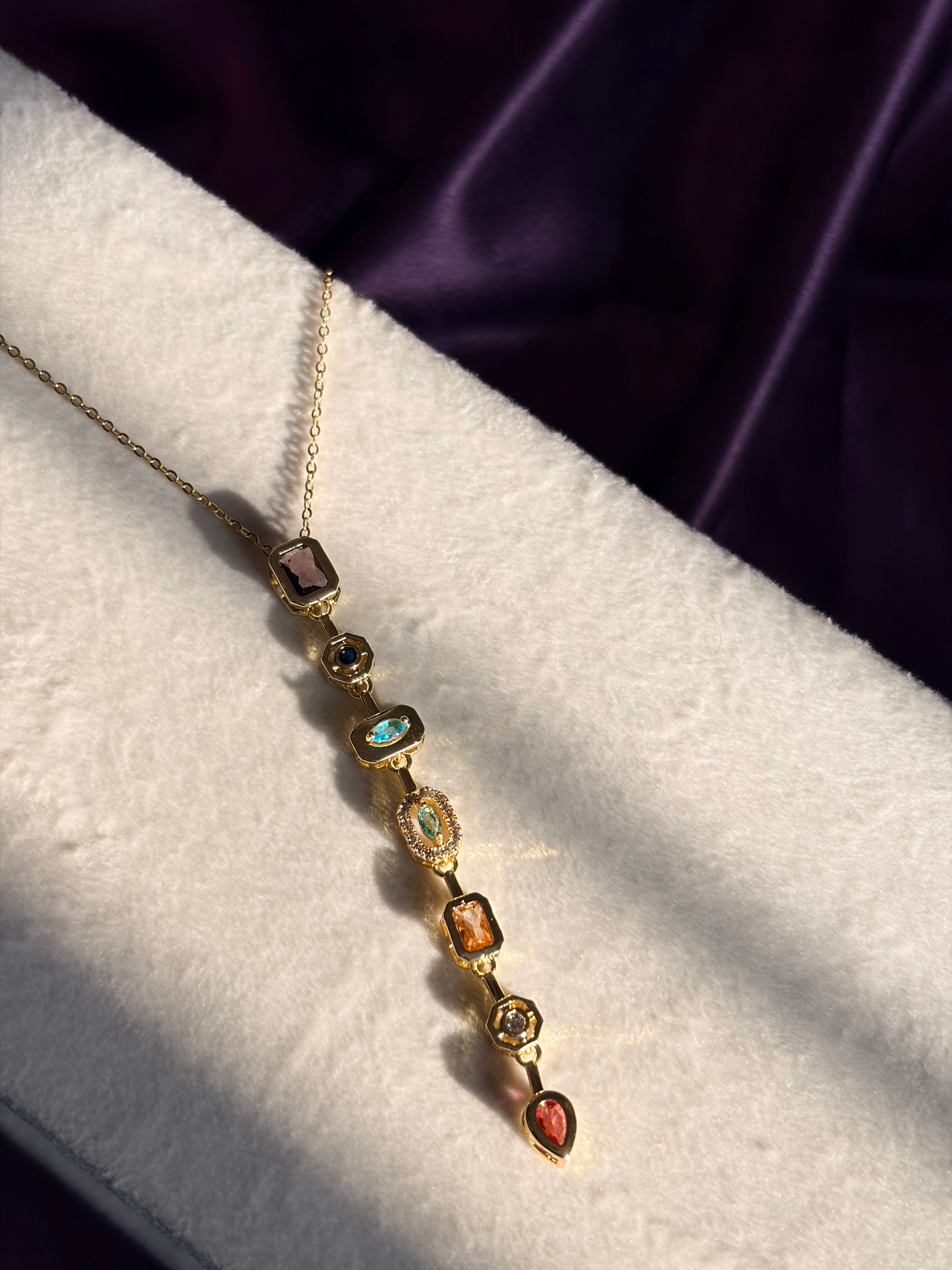 Rainbow Stone Vertical Bar Y Necklace