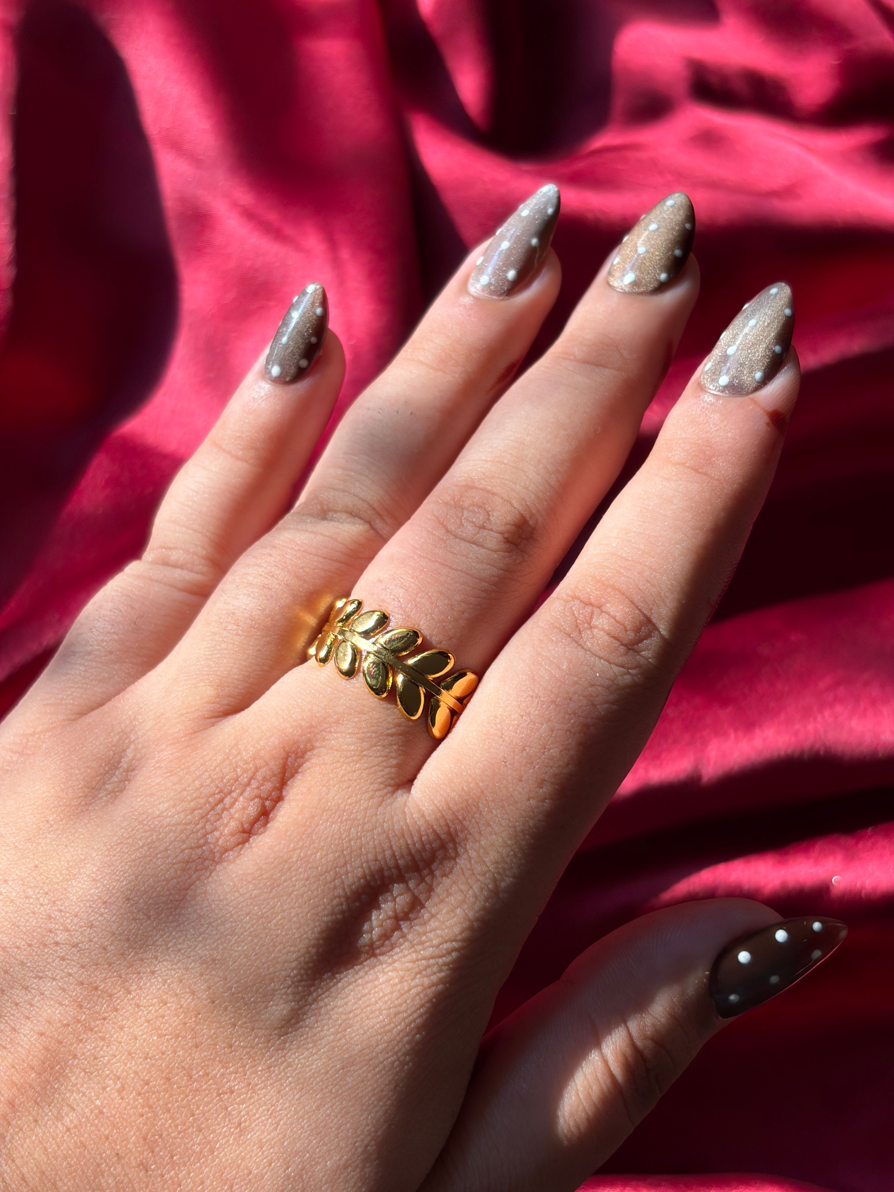 Gold Olive Leaf Ring worn on hand — view 2