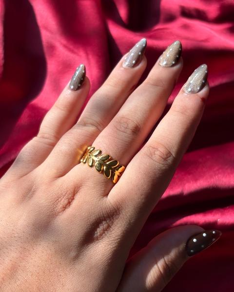 Gold Olive Leaf Ring worn on hand — view 2