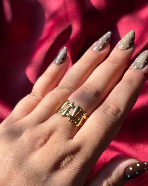 Gold Lattice Ring worn on hand — view 2