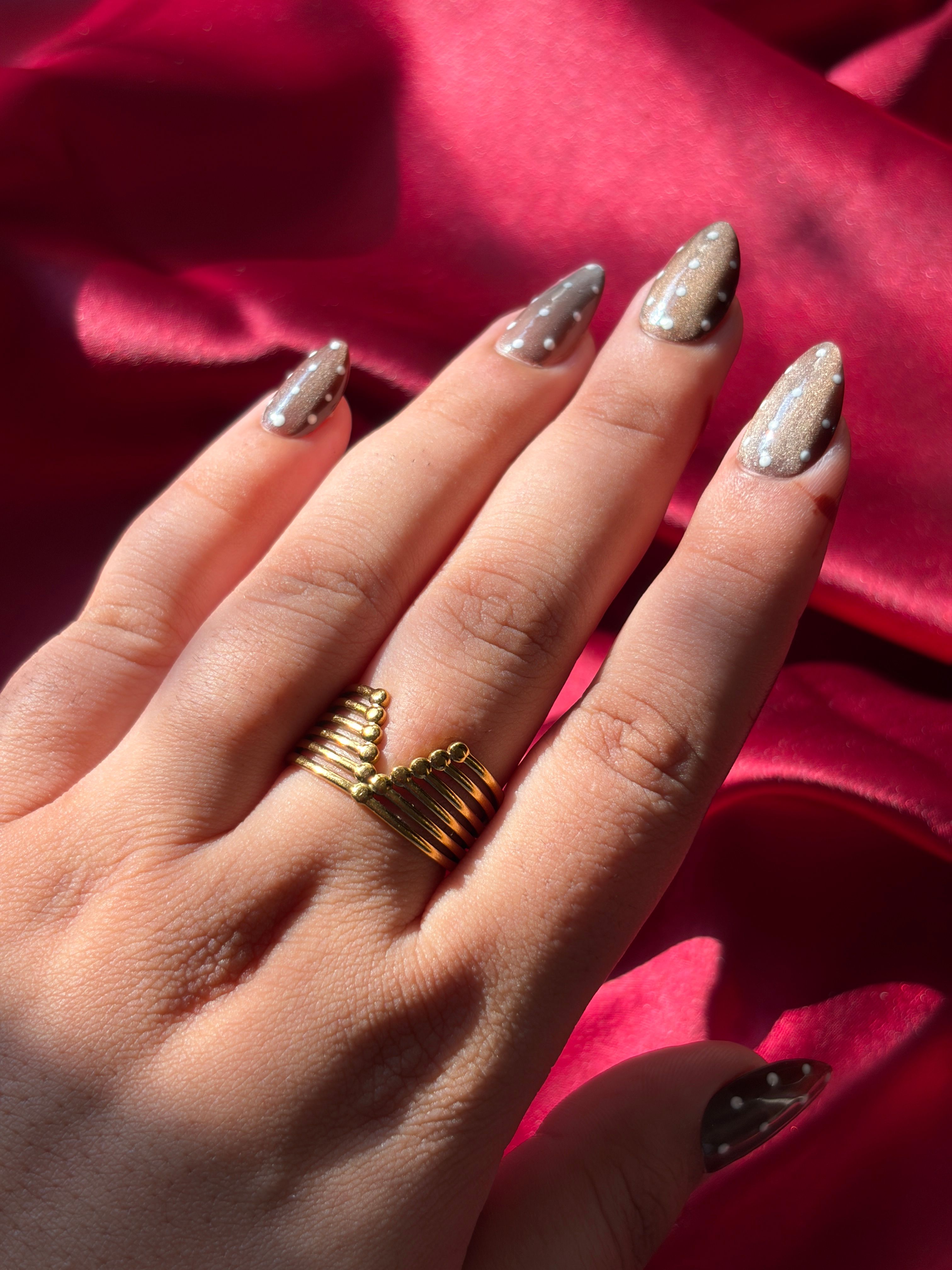 Gold Beaded Stack Ring worn on hand — view 2