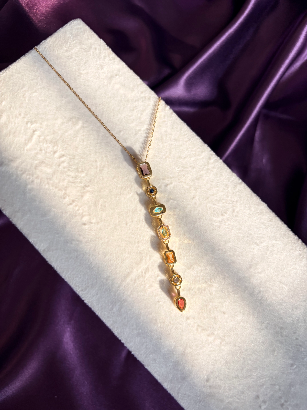 Rainbow Stone Vertical Bar Y Necklace