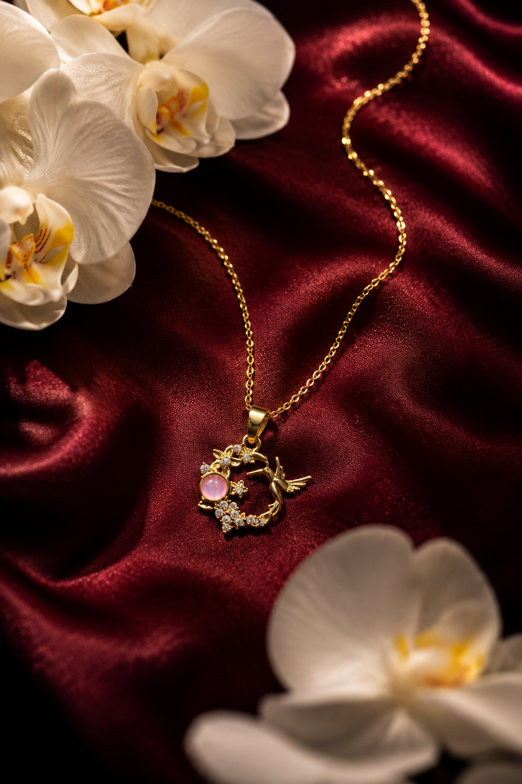 Gold Floral Hummingbird Pendant