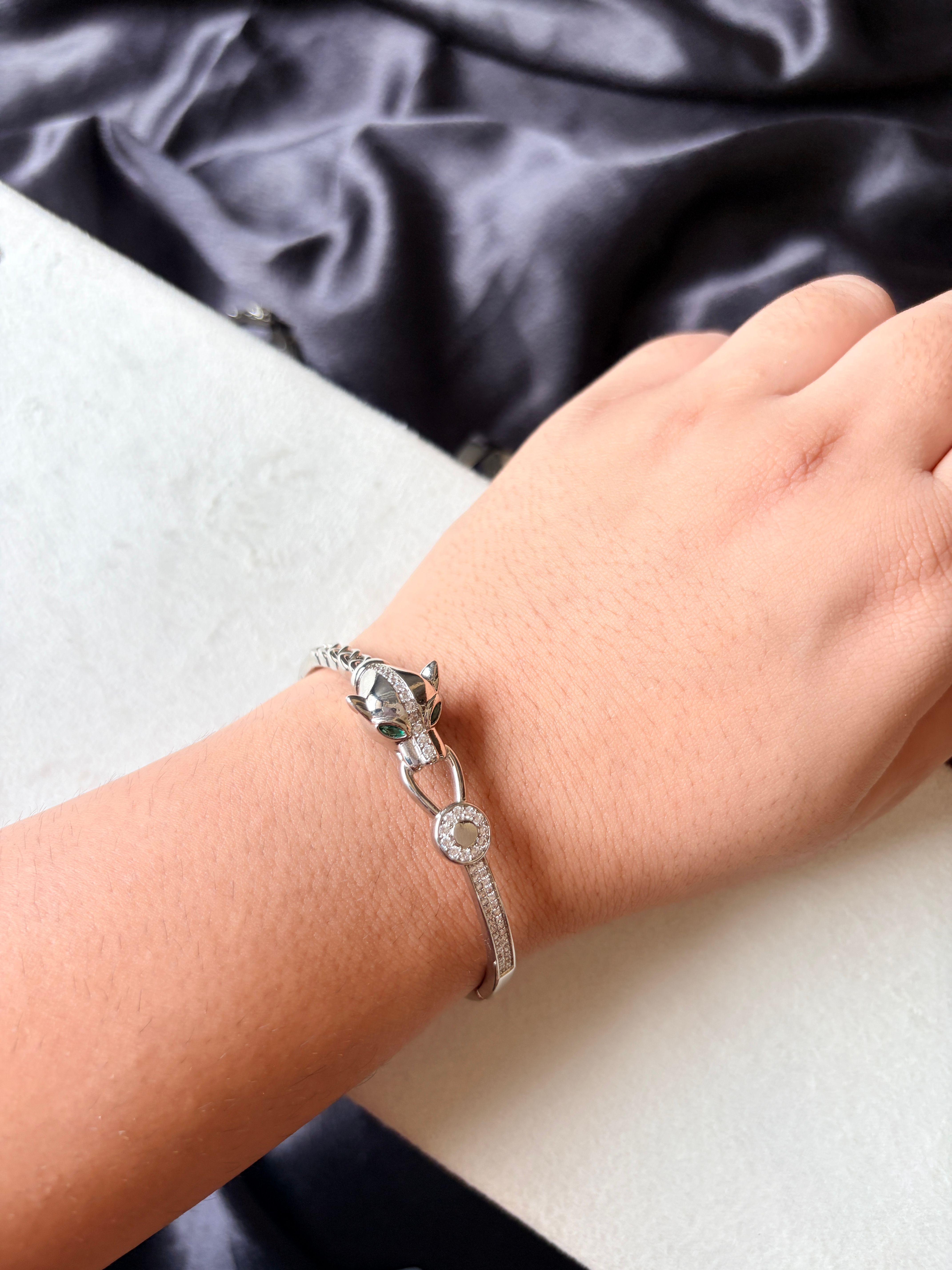 Silver Crystal Panther Bangle