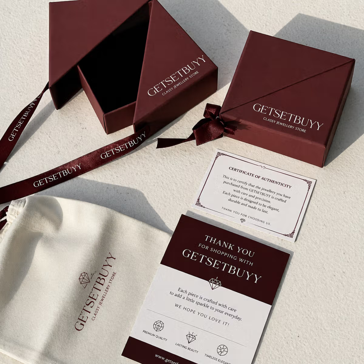GetSetBuyy branded packaging — premium jewellery box with certificate of authenticity