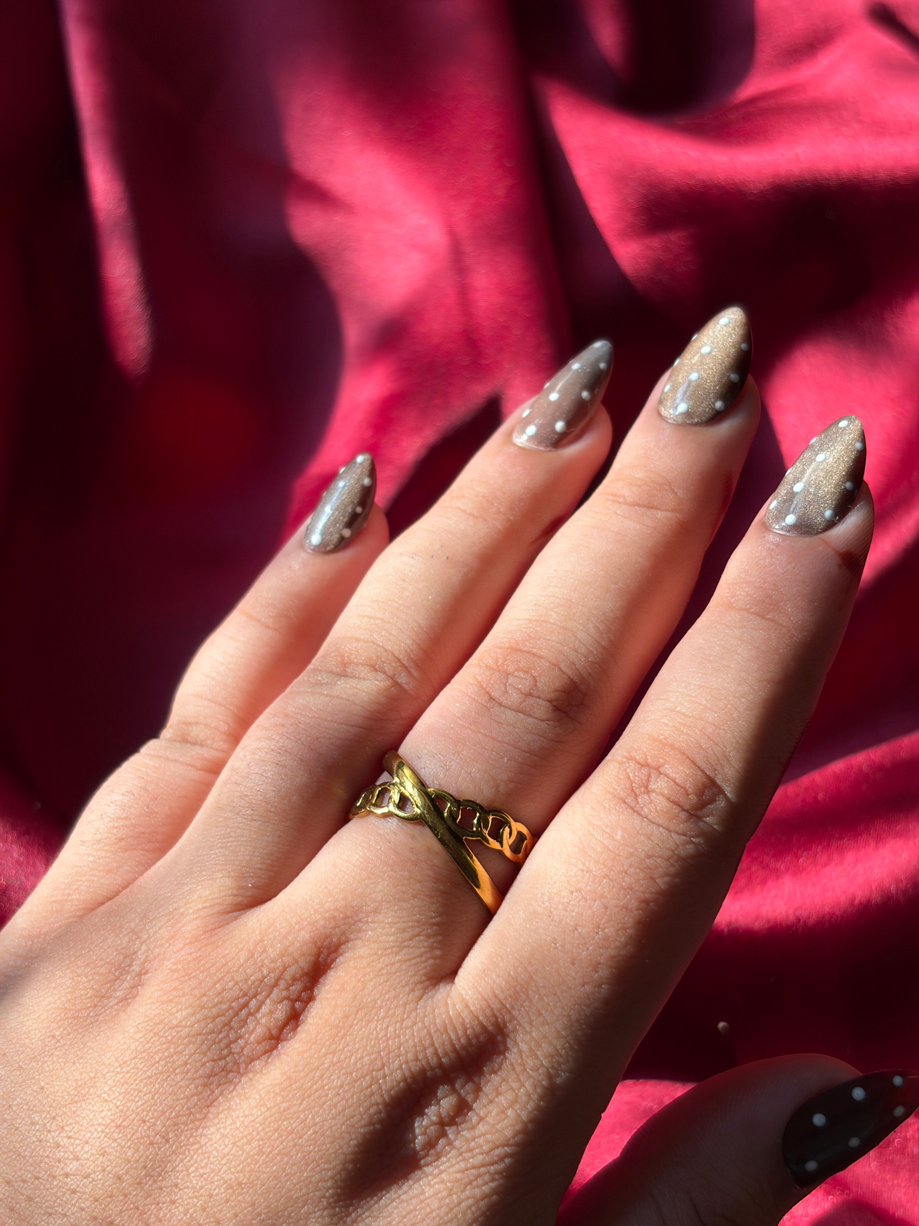 Gold Twisted Chain Ring worn on hand — view 2