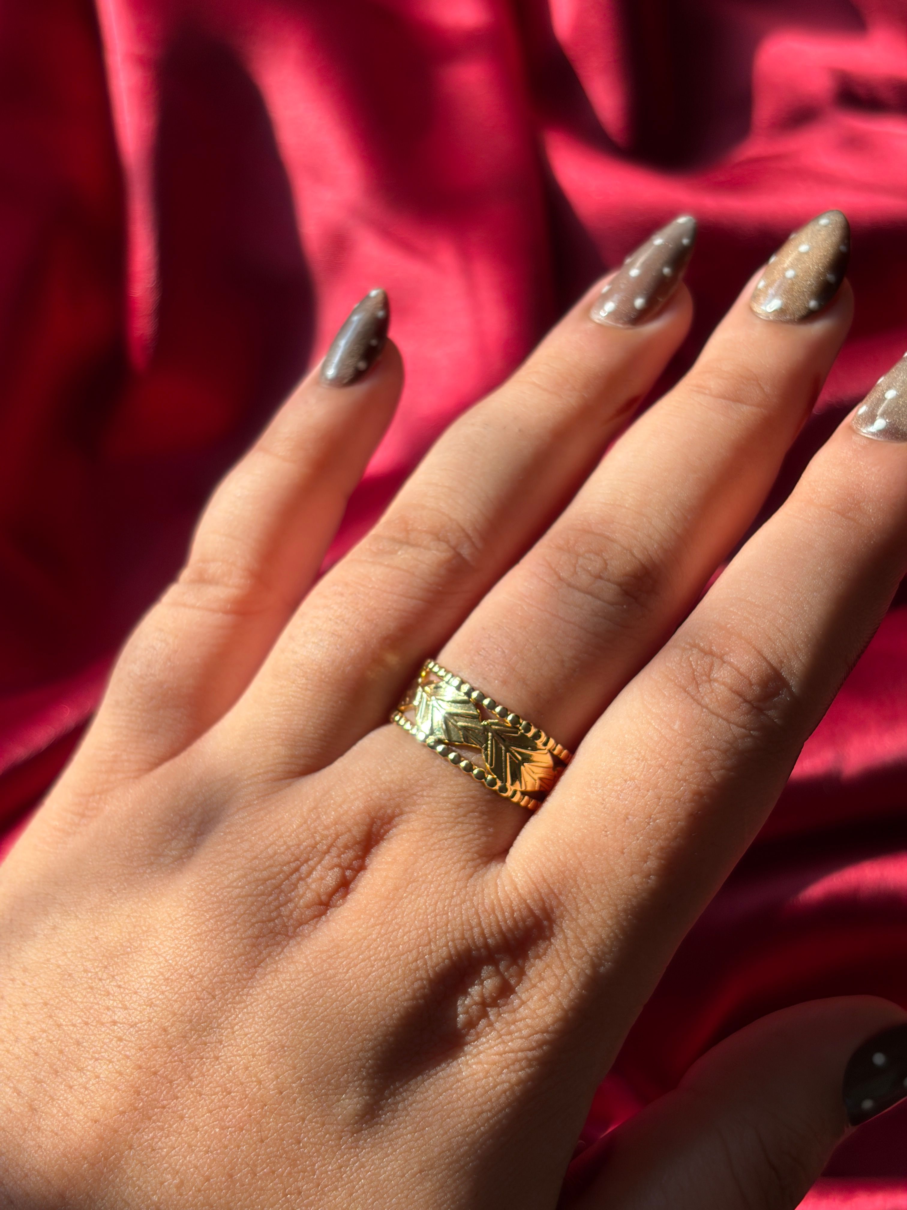 Gold Leaf Band Ring worn on hand — view 2