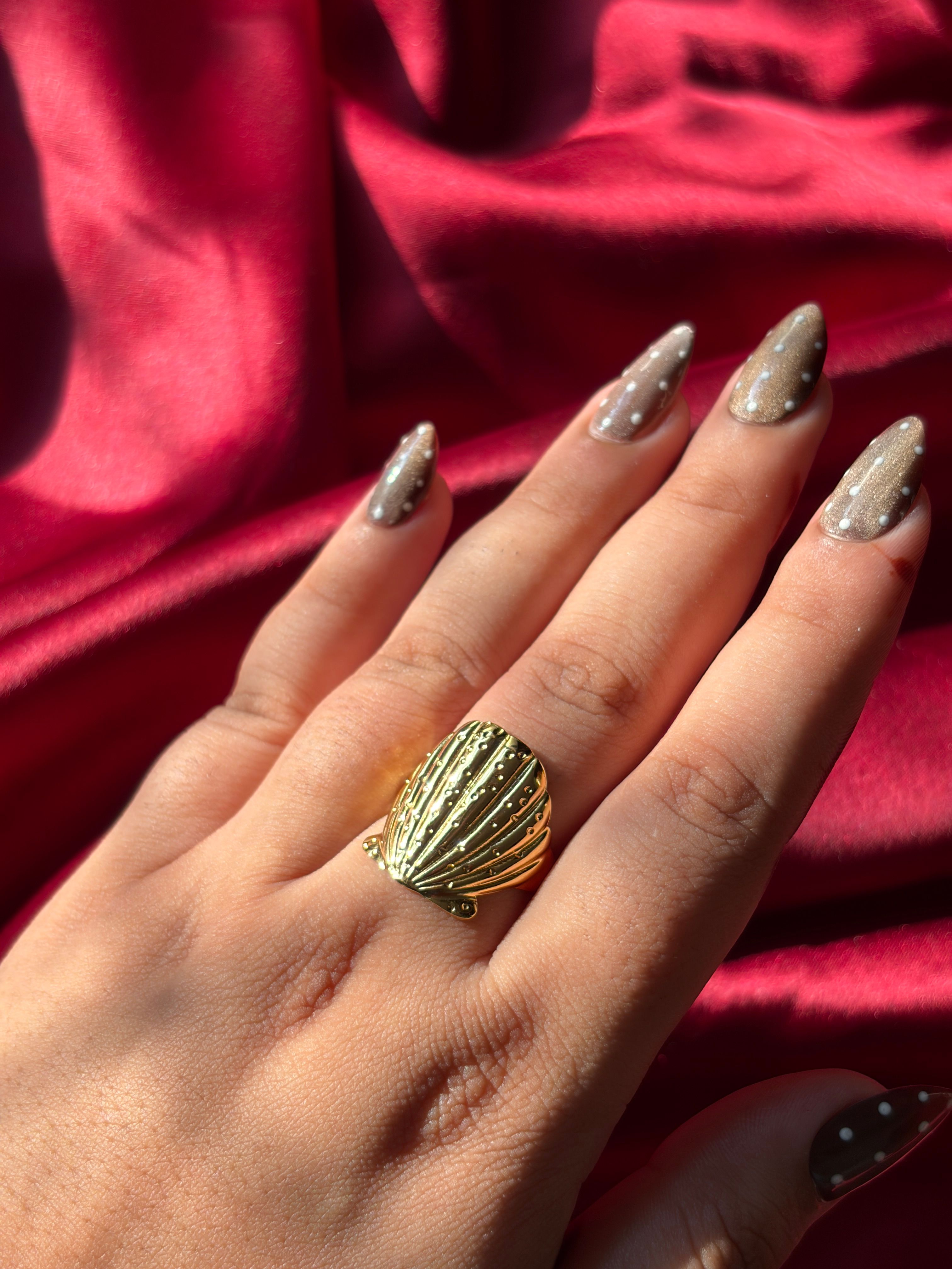 Gold Seashell Ring worn on hand — view 2