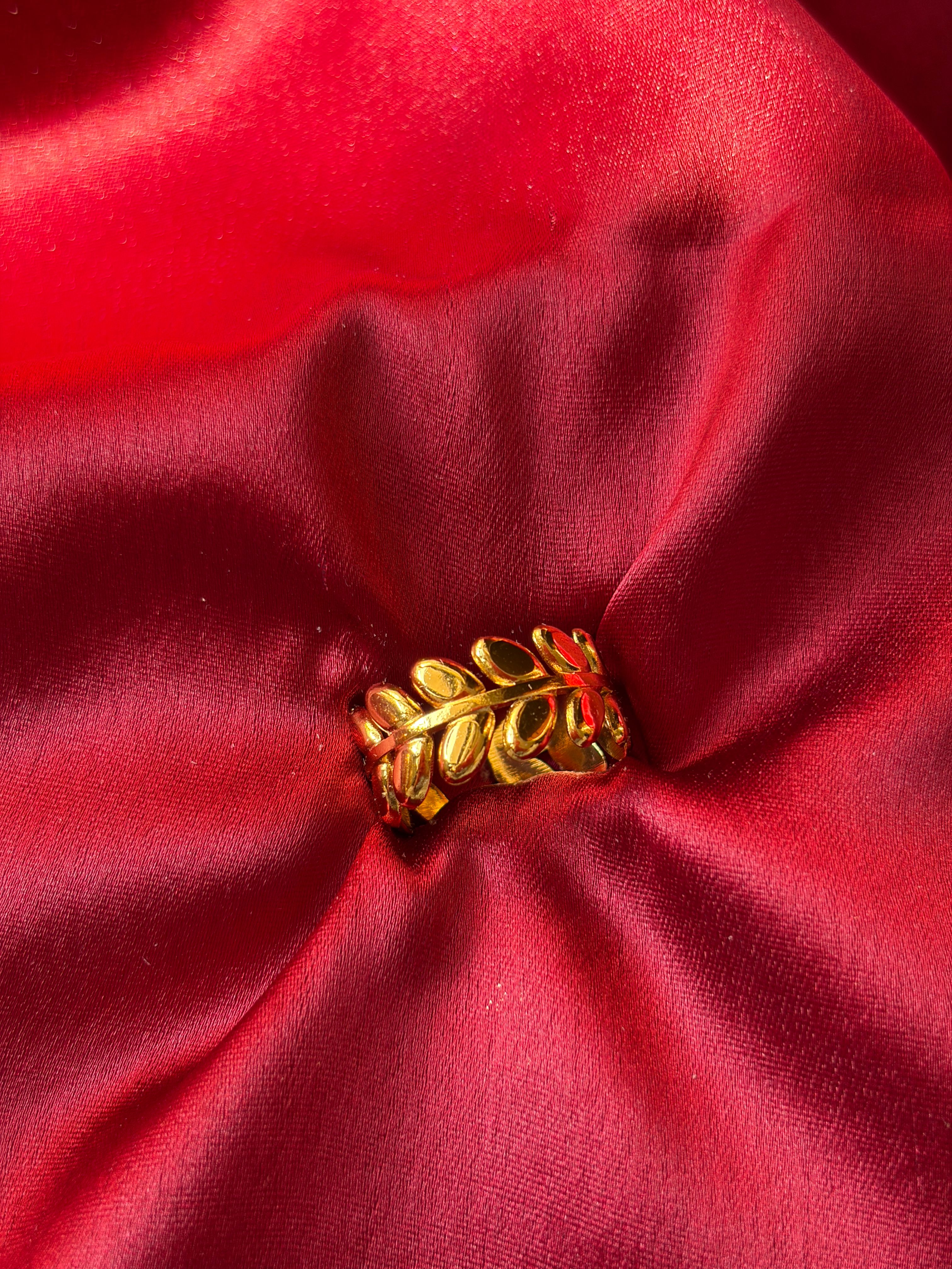 Gold Olive Leaf Ring — gold-plated stainless steel, close-up view