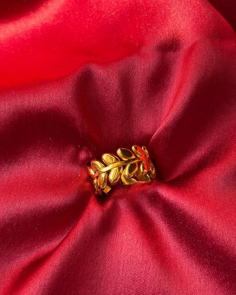 Gold Olive Leaf Ring — gold-plated stainless steel, close-up view