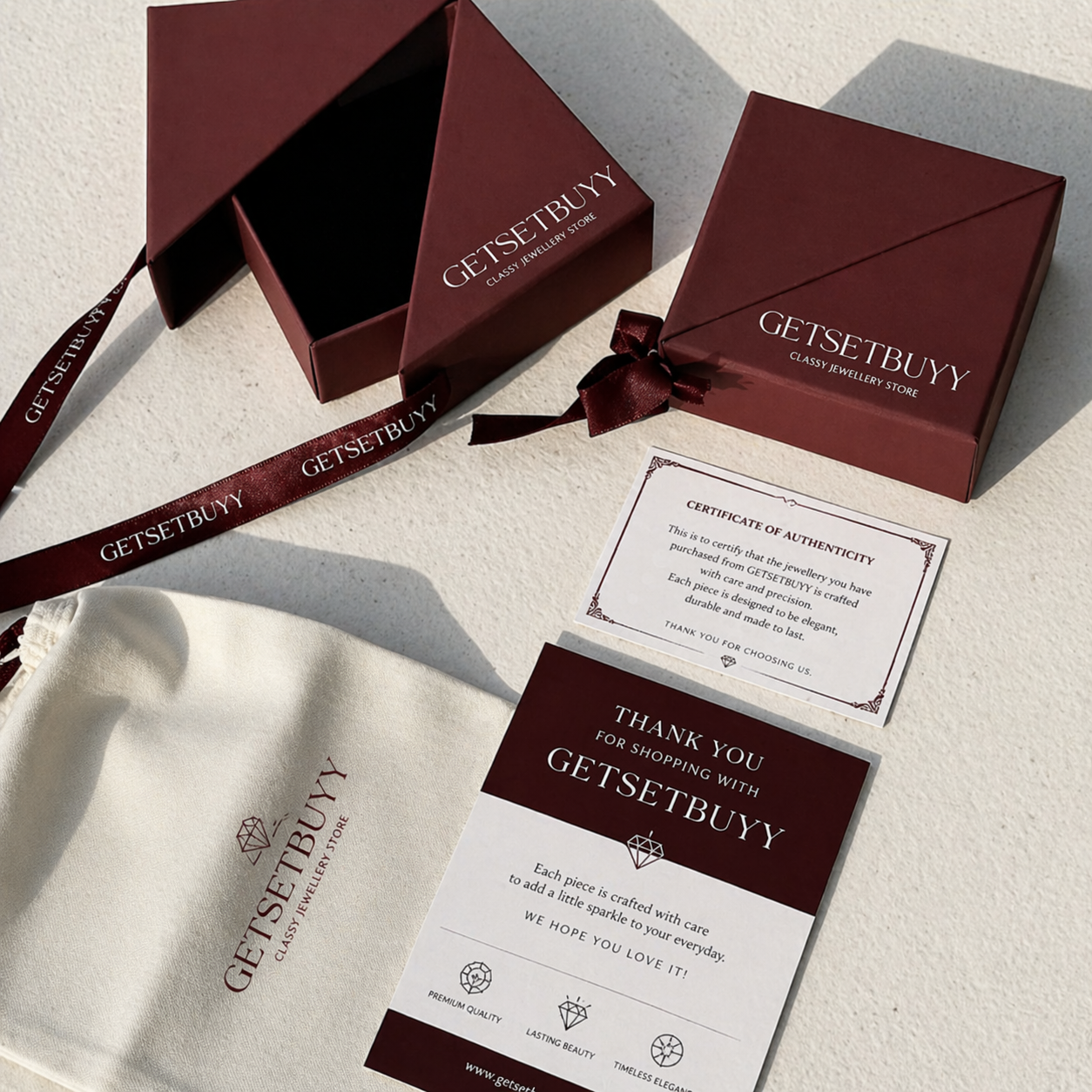 GetSetBuyy branded packaging — premium jewellery box with certificate of authenticity