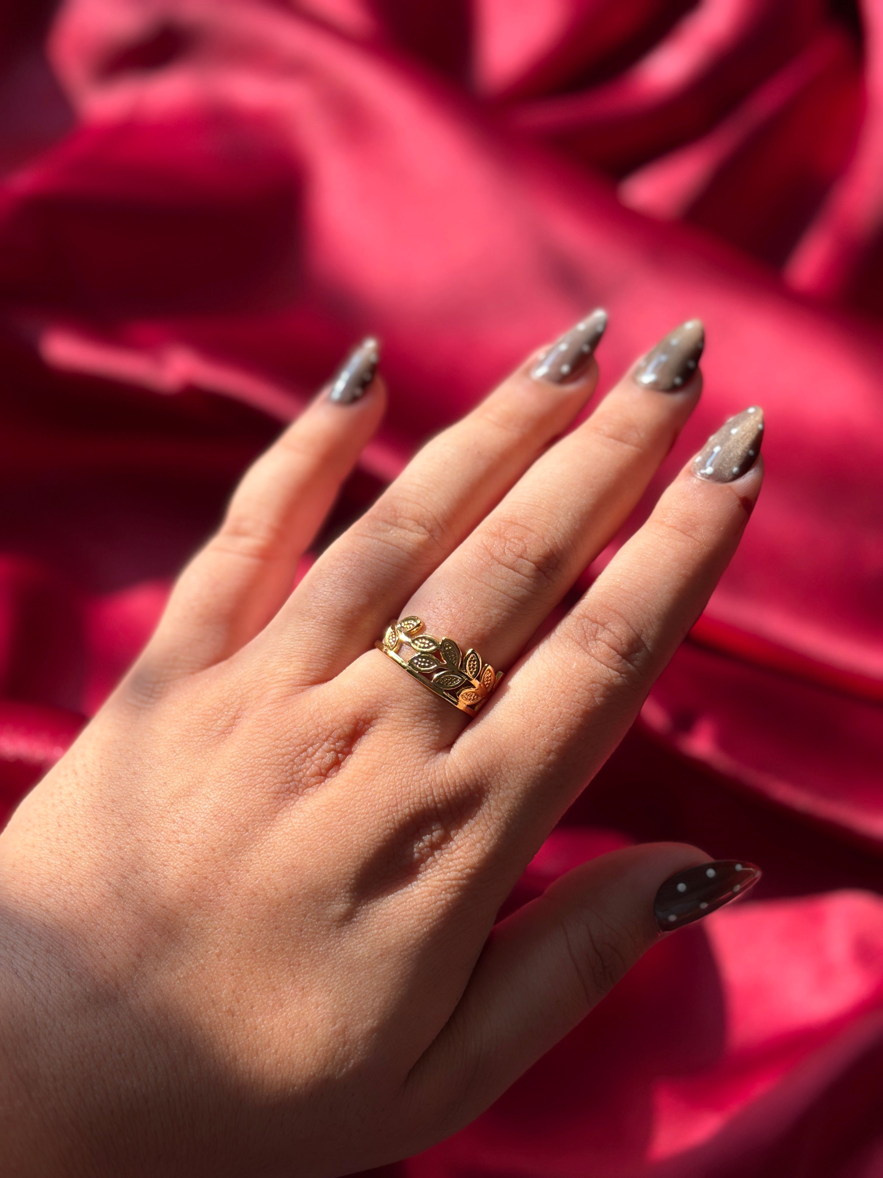 Gold Leaf Vine Ring worn on hand — view 3