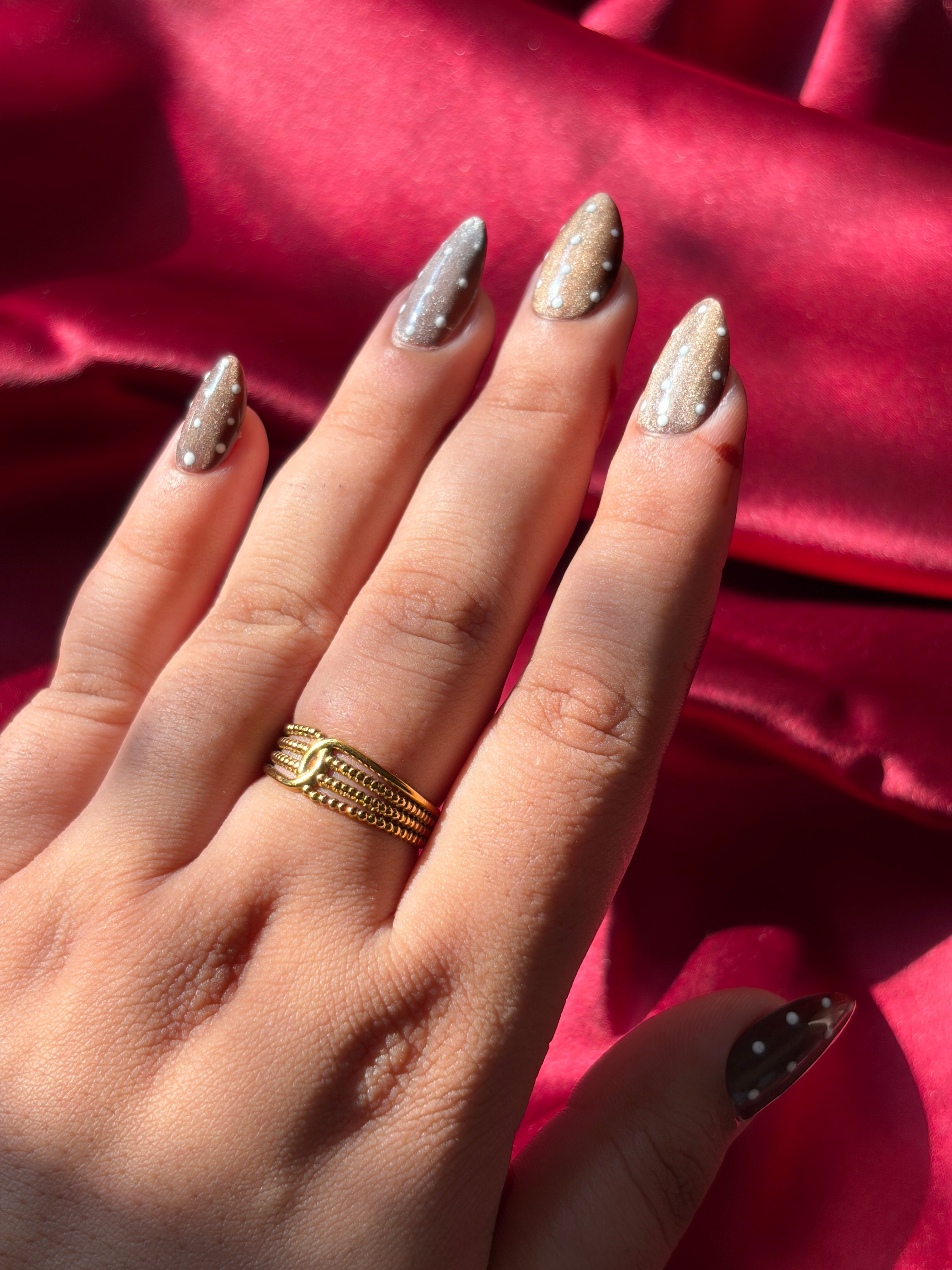 Gold Beaded Knot Ring worn on hand — view 2