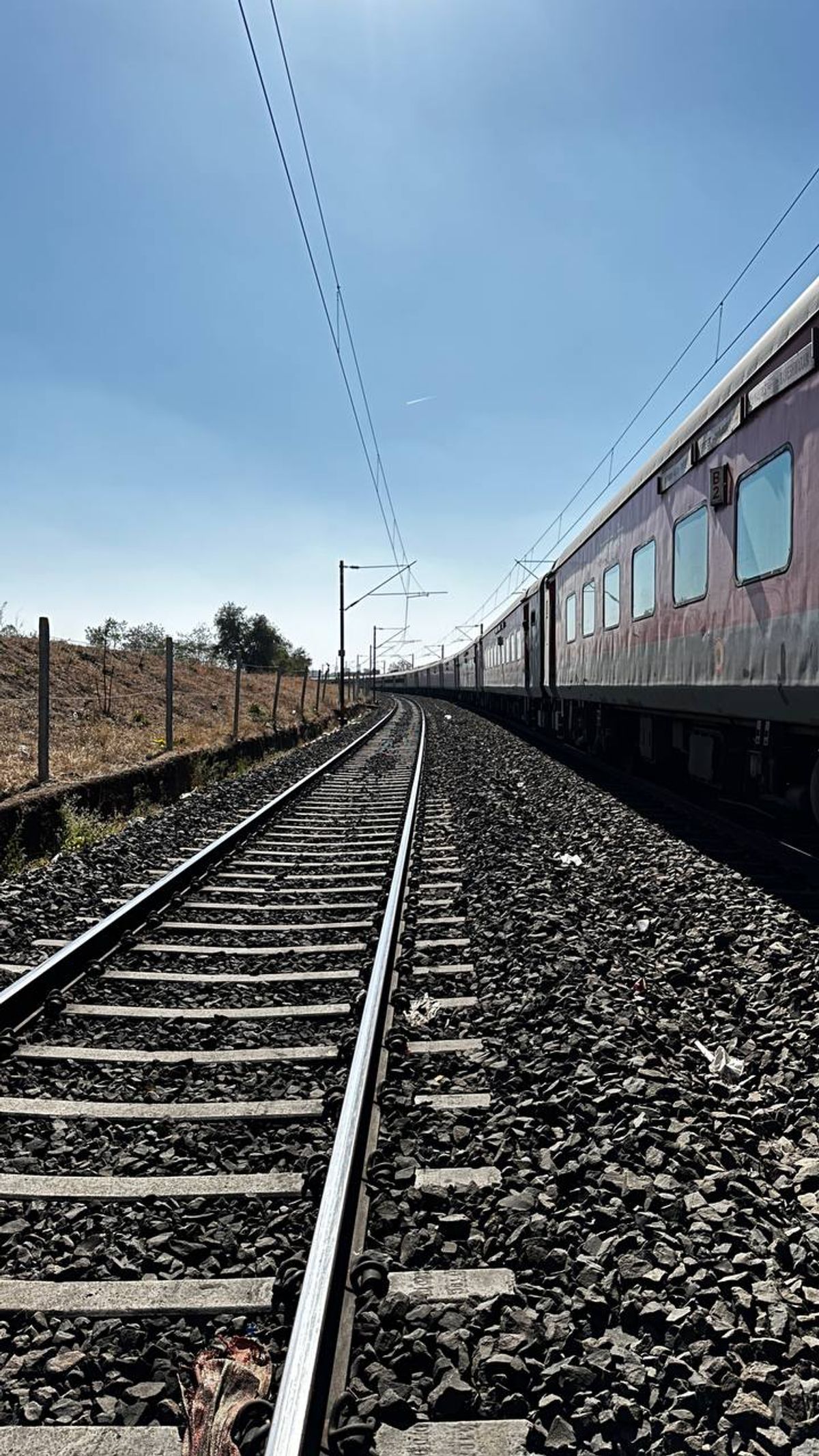 Long-distance train stretching into the distance on Indian tracks