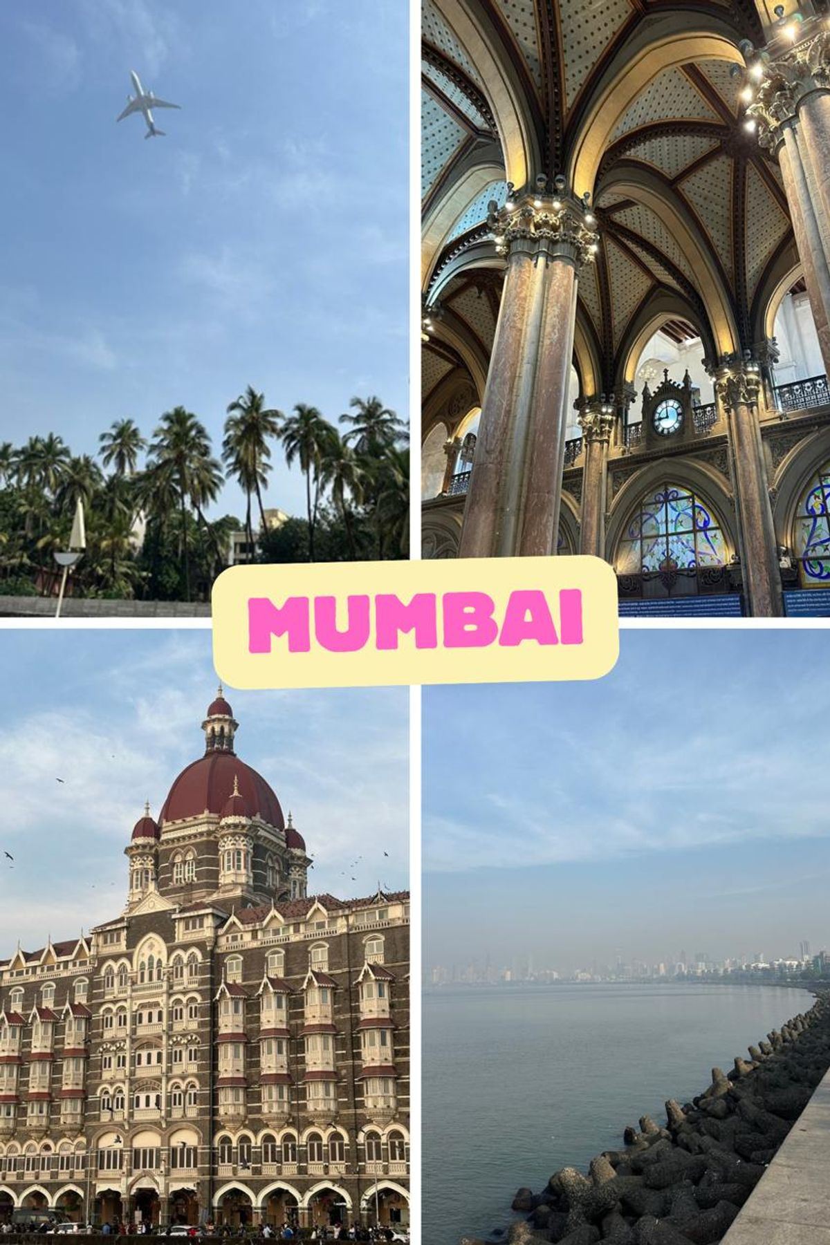 Mumbai skyline, Taj Hotel, and beach collage