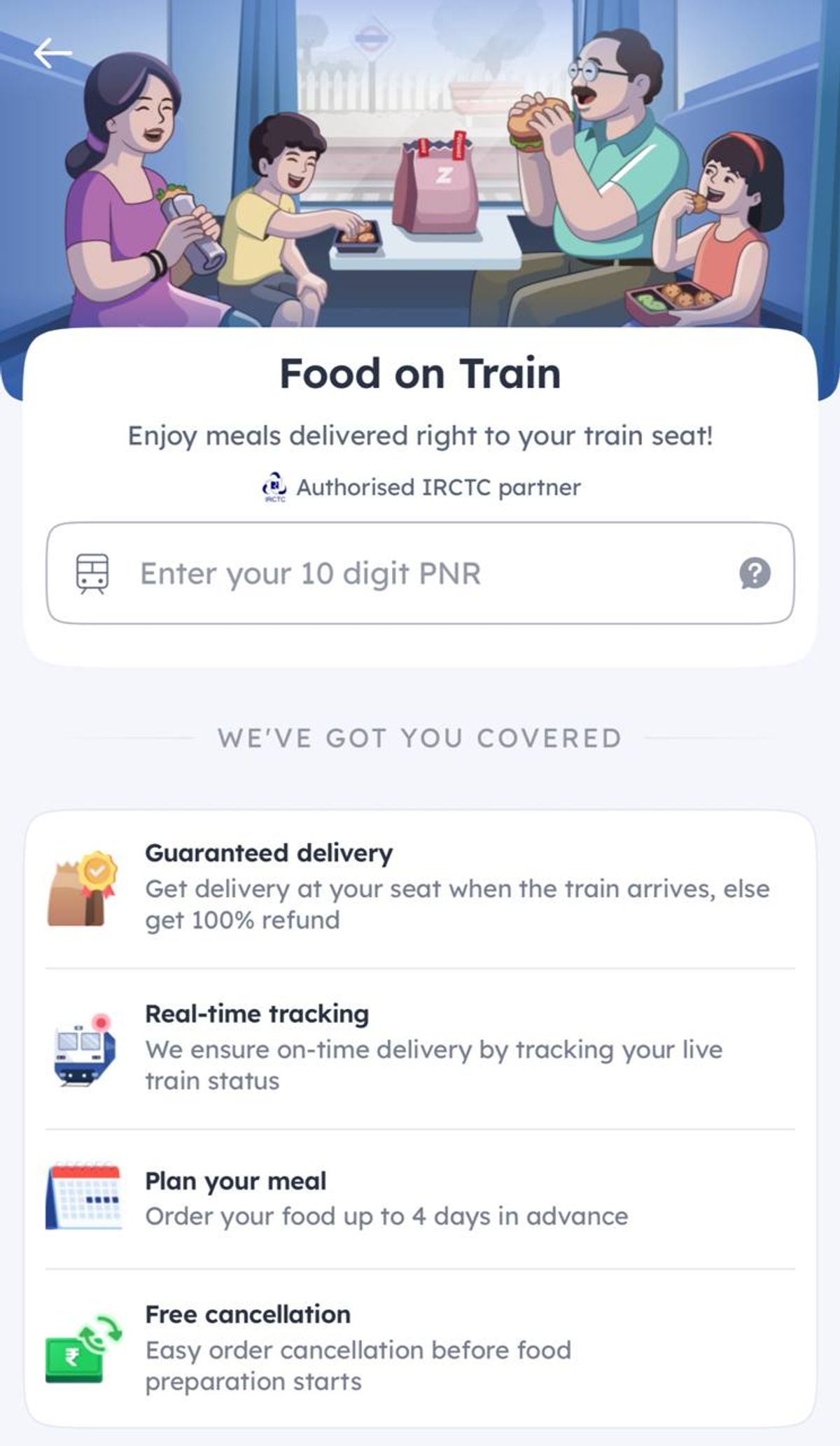 Zomato's Food on Train ordering interface
