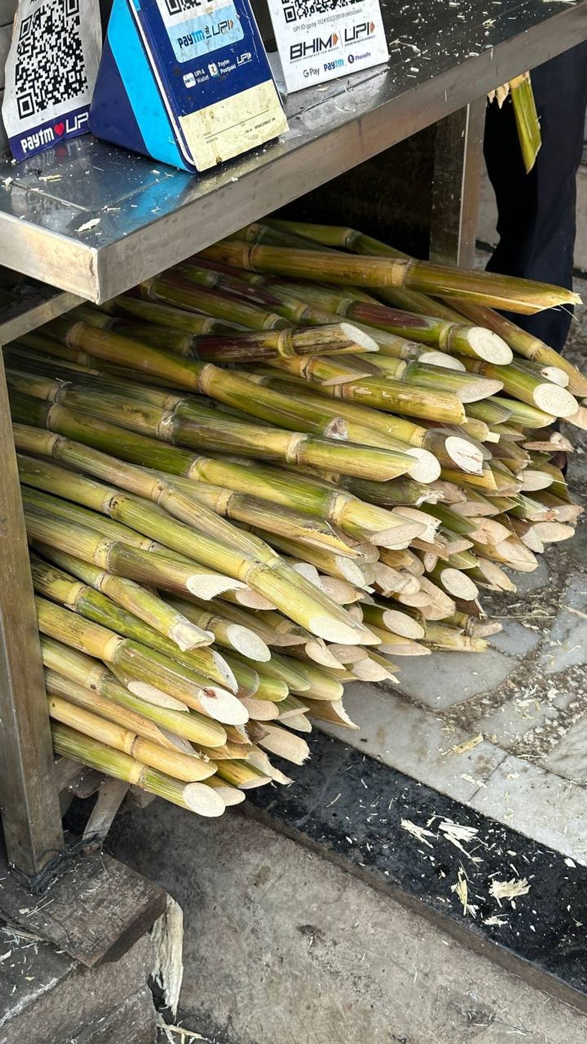 Fresh sugarcane stalks at vendor stall