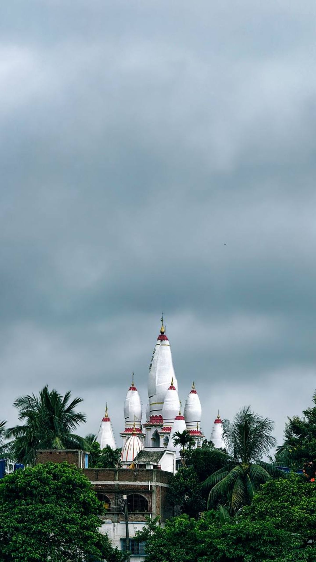 White temple spires rising above palm trees