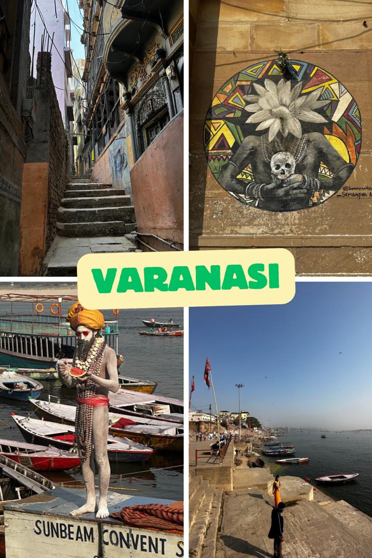 Varanasi ghats, street art, and sadhu collage