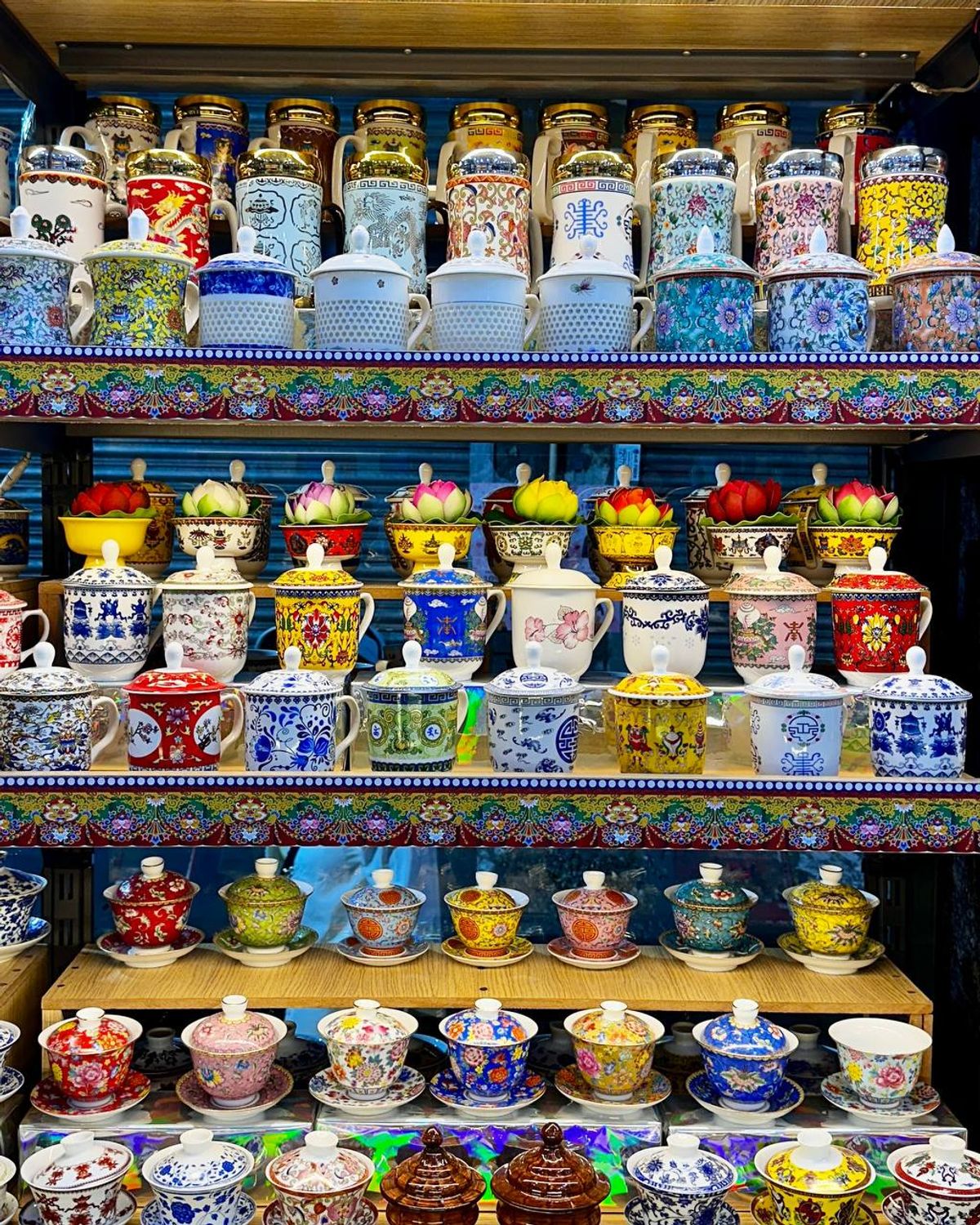 Colorful traditional Tibetan ceramics on display