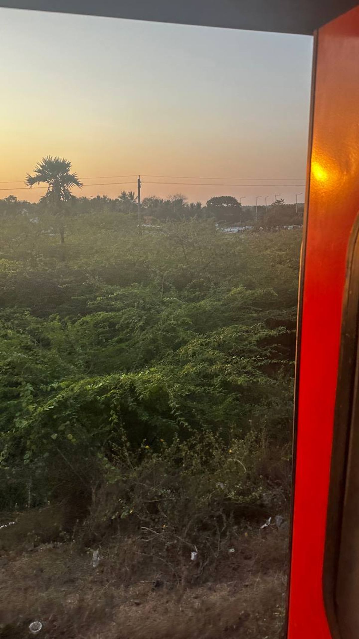 View from train window at sunset across Indian countryside