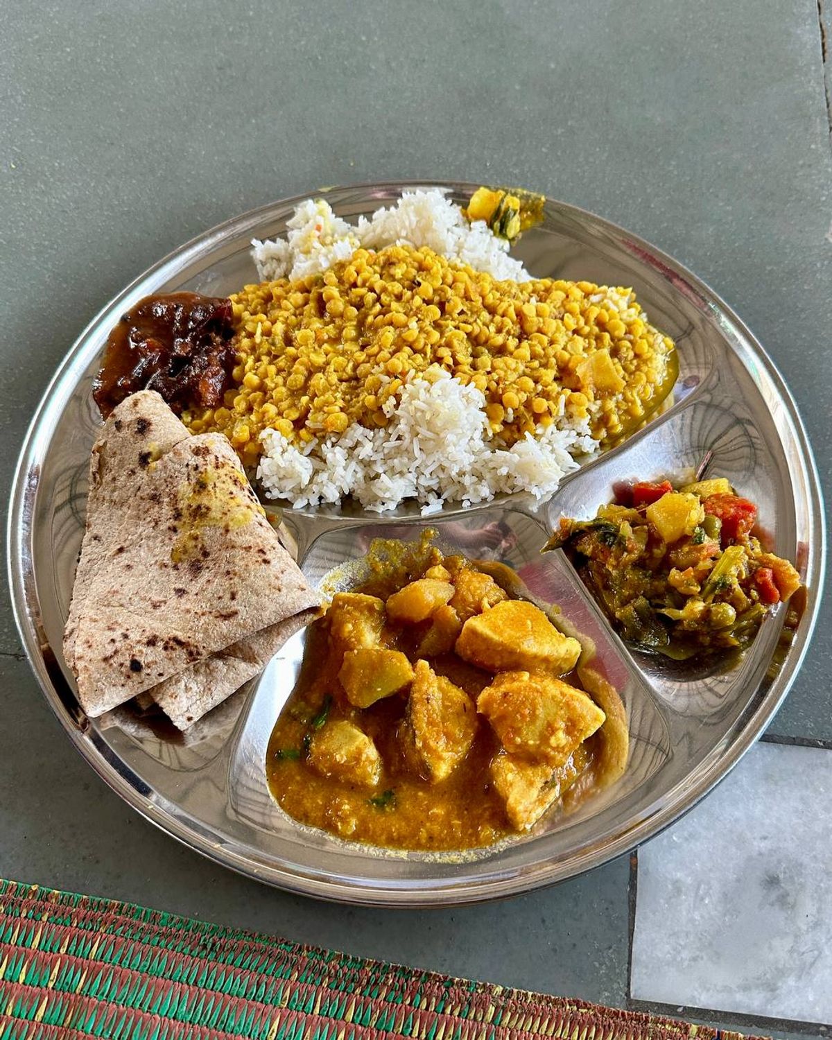 Ashram-style thali with dal and vegetables