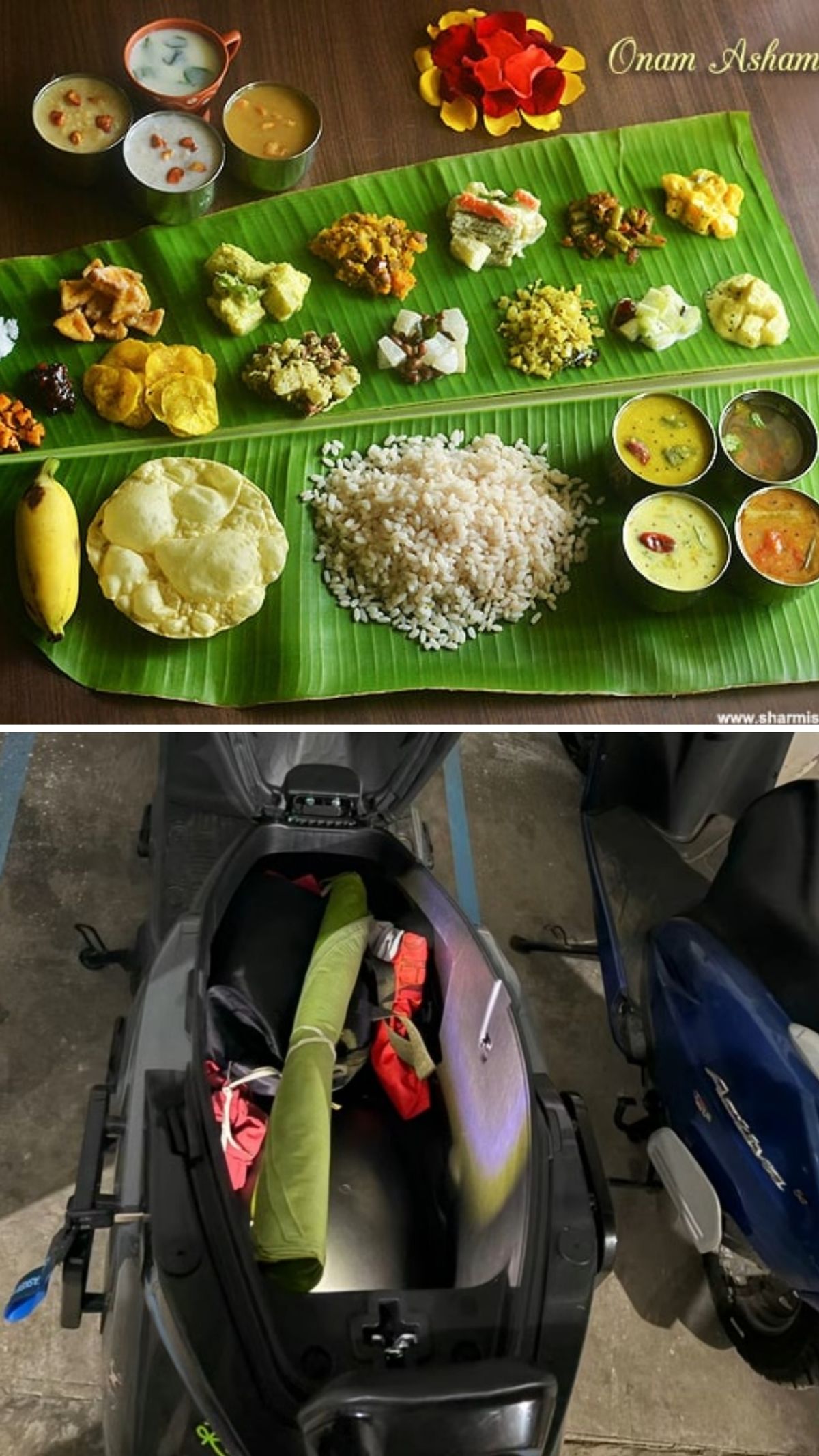 Banana leaf meal alongside scooter storage compartment demonstration