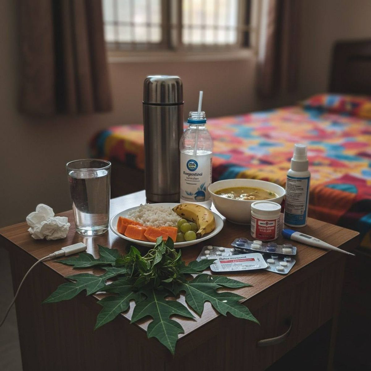 Dengue recovery essentials: papaya leaves, rice, fruits, soup, medication, and hydration supplies on a bedside table