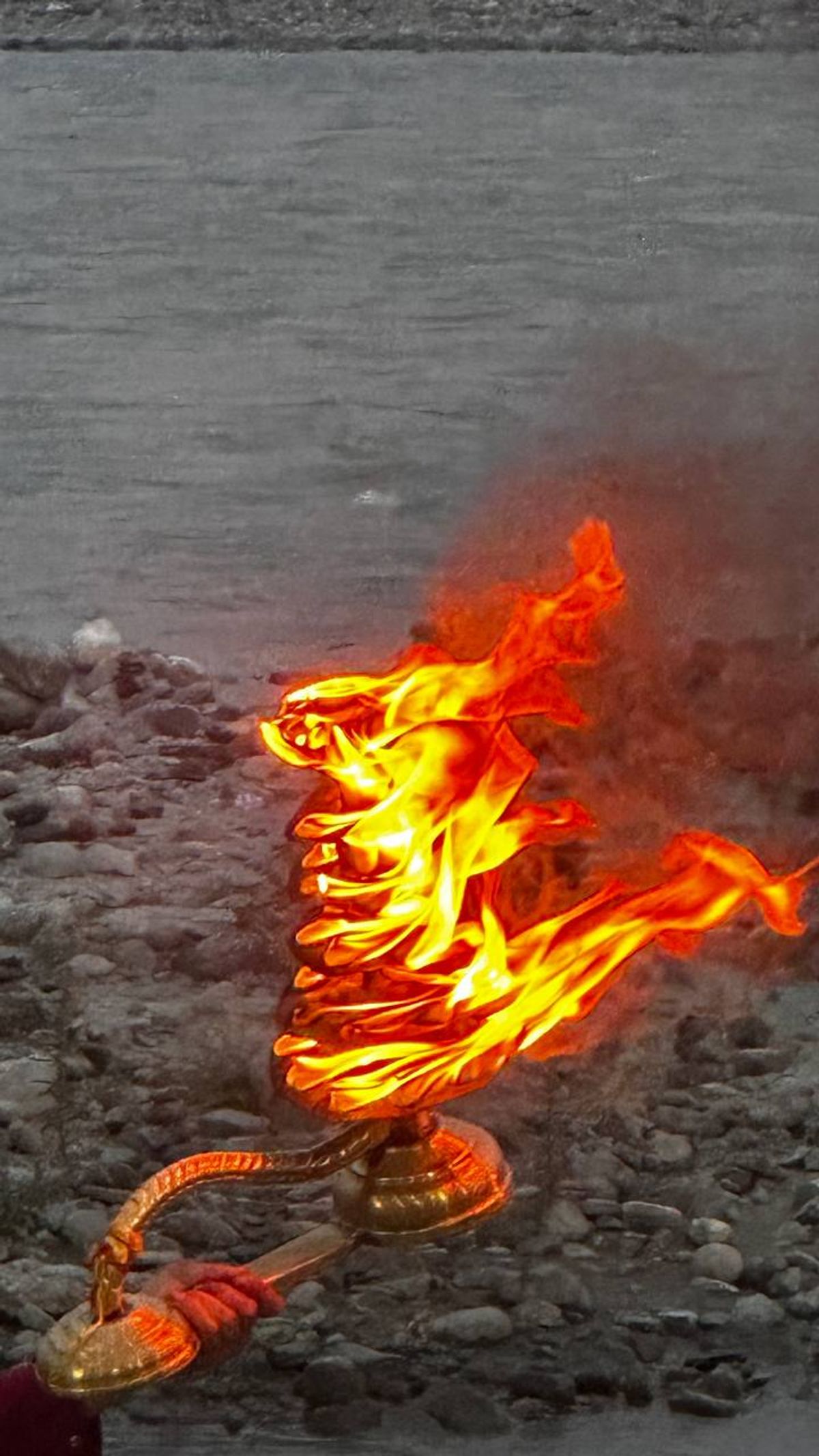 Close-up of ceremonial fire lamp during Ganga Aarti