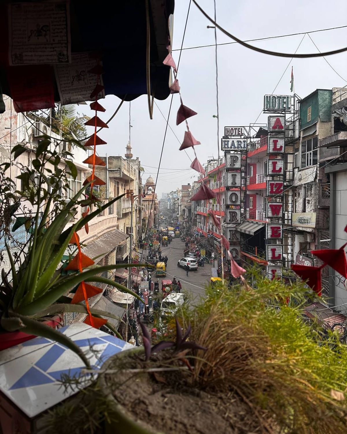View of Main Bazar street from a rooftop cafe in Paharganj, Delhi