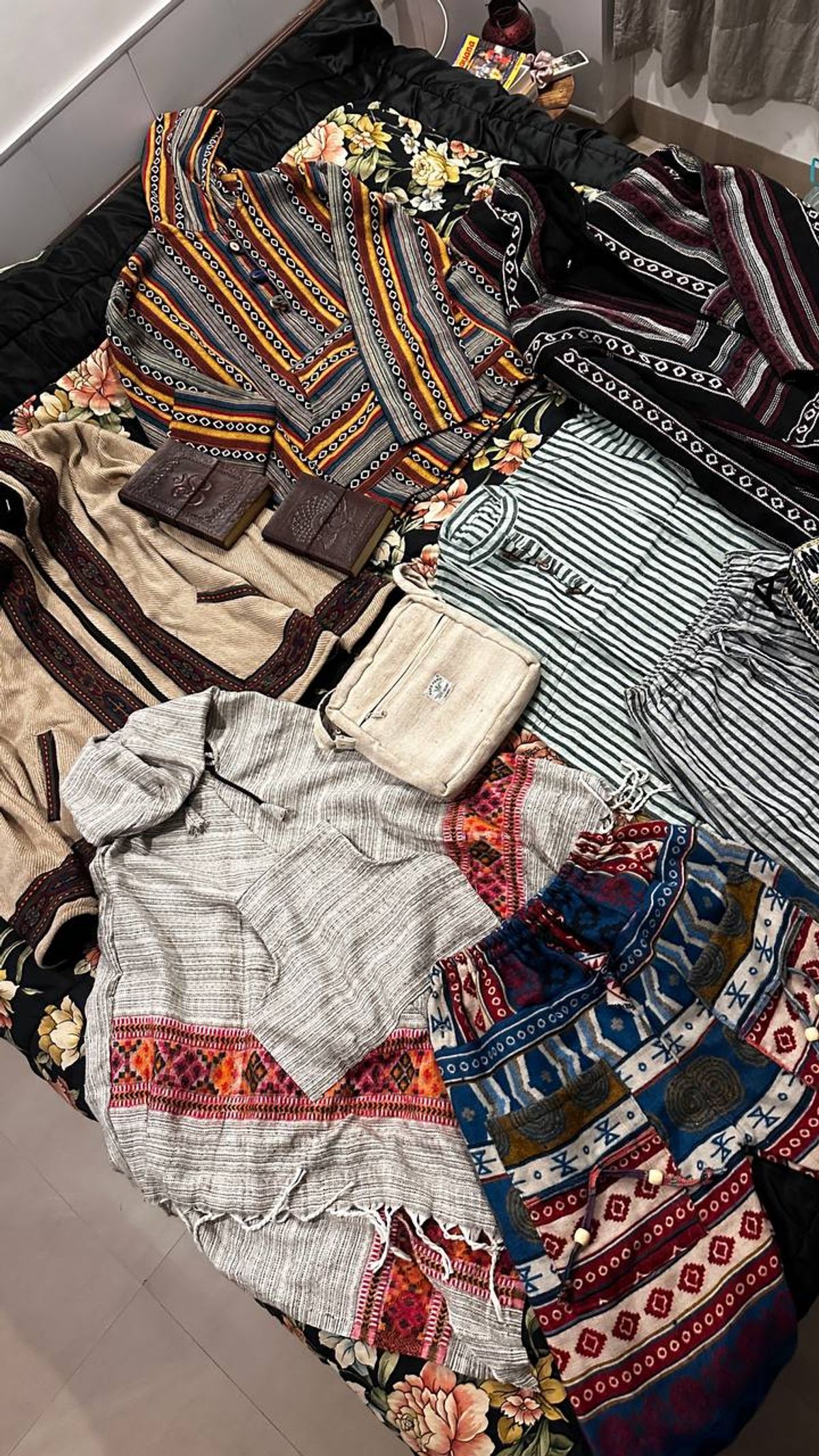 Colorful Indian fabrics and clothing purchases from Paharganj