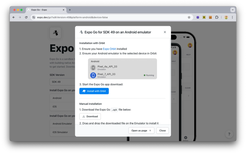 Expo Go selector