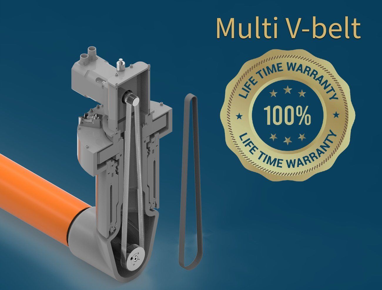 RotorSwing Multi V-belt assembly with a lifetime warranty seal