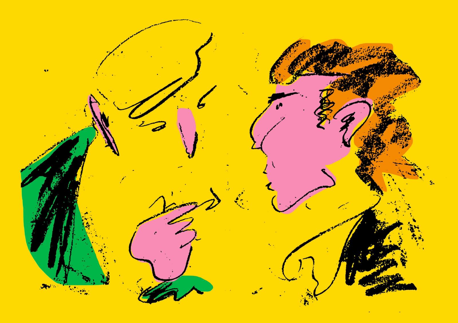 Illustration on yellow of two faces in profile, drawn in loose black lines with pink, green and orange fills.