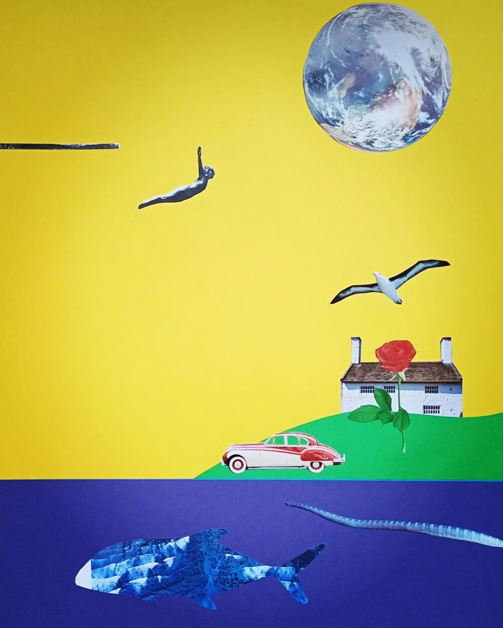 Collage on a yellow sky: Earth hanging like a moon above a diver in mid-air, a seabird, a house with a giant rose, a vintage car and a whale.