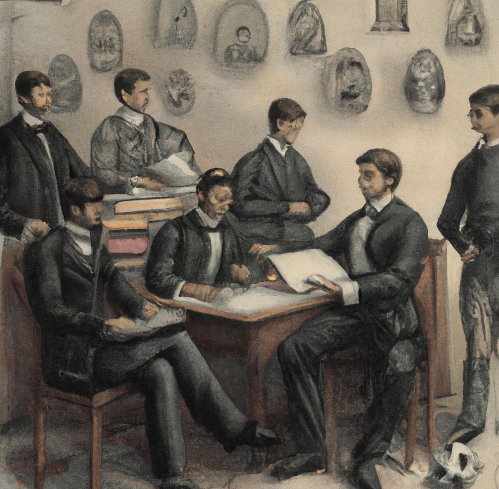 Painted scene of men in dark Victorian-style suits gathered around a table of papers, with carved masks on the wall behind.