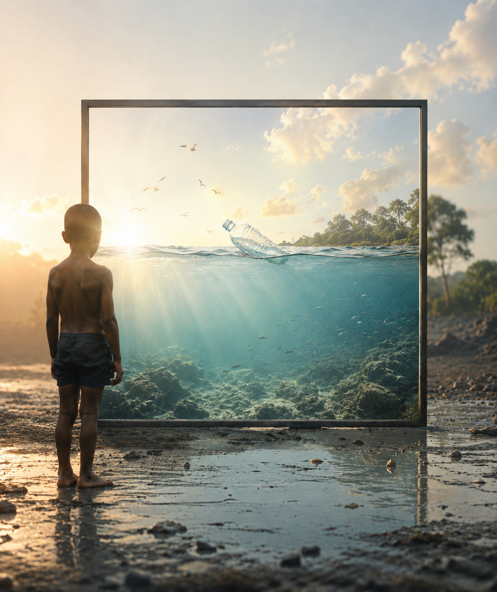 A boy seen from behind stands on a muddy shore facing a framed window onto a clear underwater scene with a floating plastic bottle.