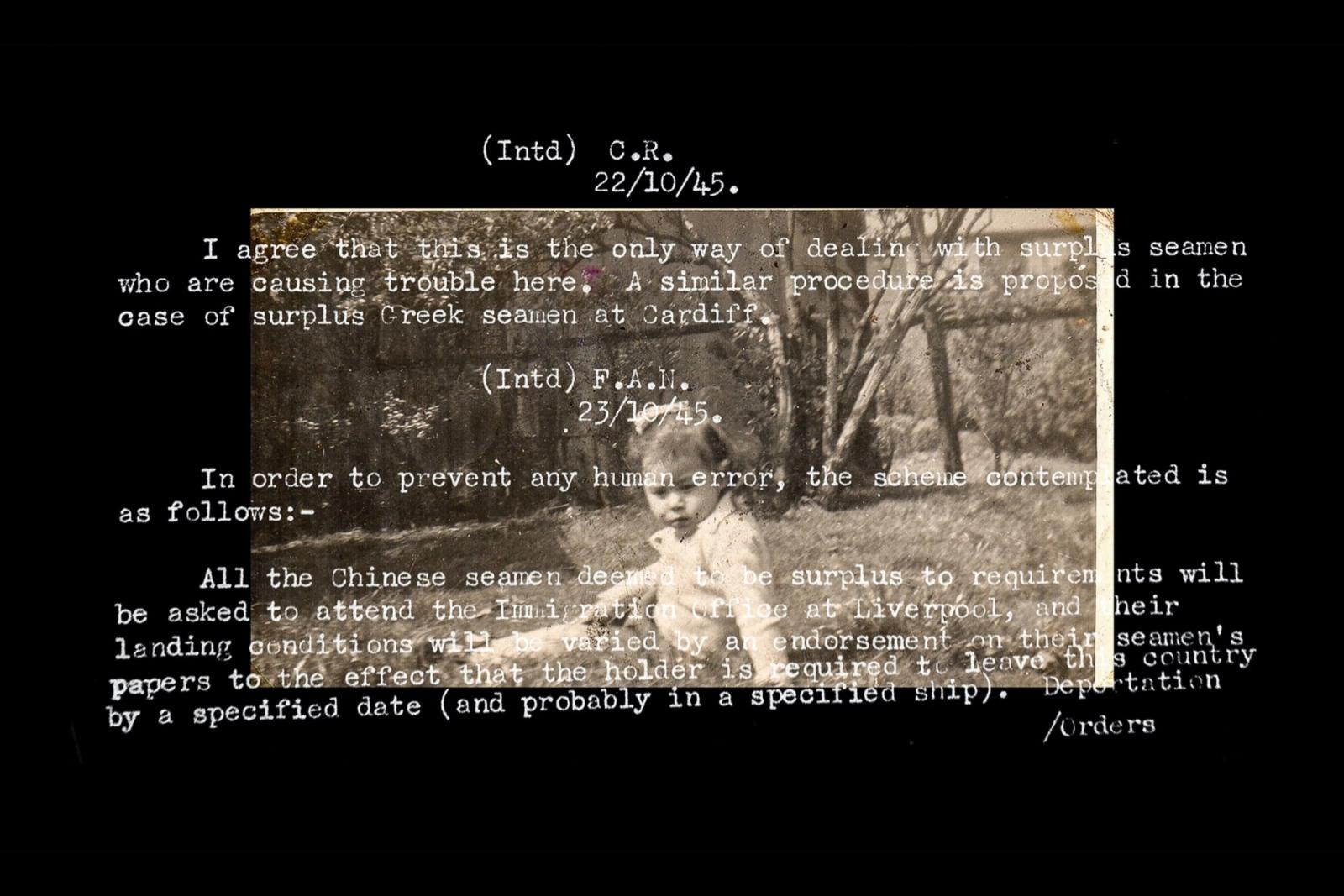 Typed memo about deporting "surplus" Chinese seamen, overlaid with a faded photograph of a small child sitting outdoors.