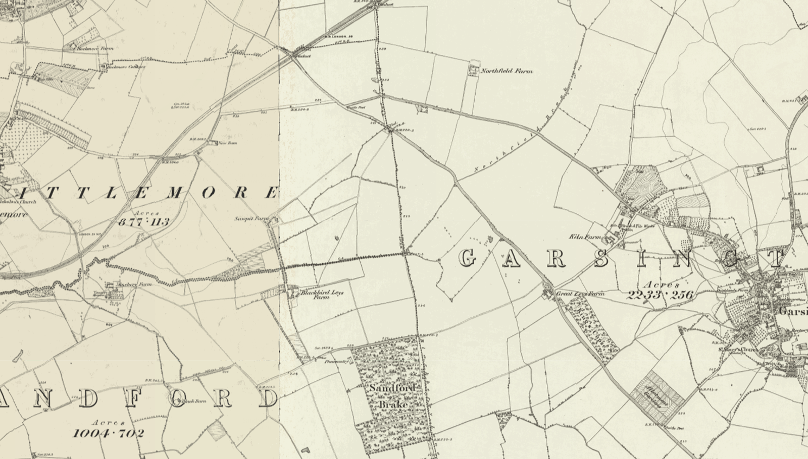 Detail of an antique map of Oxfordshire fields and lanes, lettered with place names including Littlemore, Garsington and Sandford.